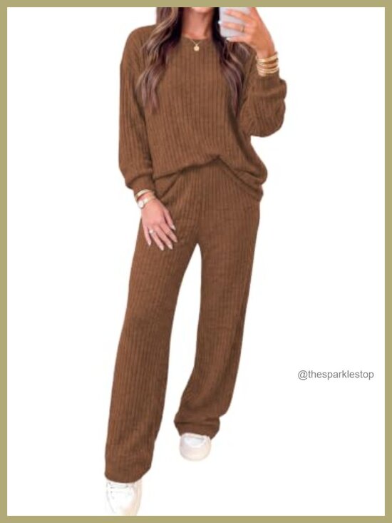 Pants - Ribbed Knit 2 Piece Lounge Set Wide Leg Pants Sweater Set
